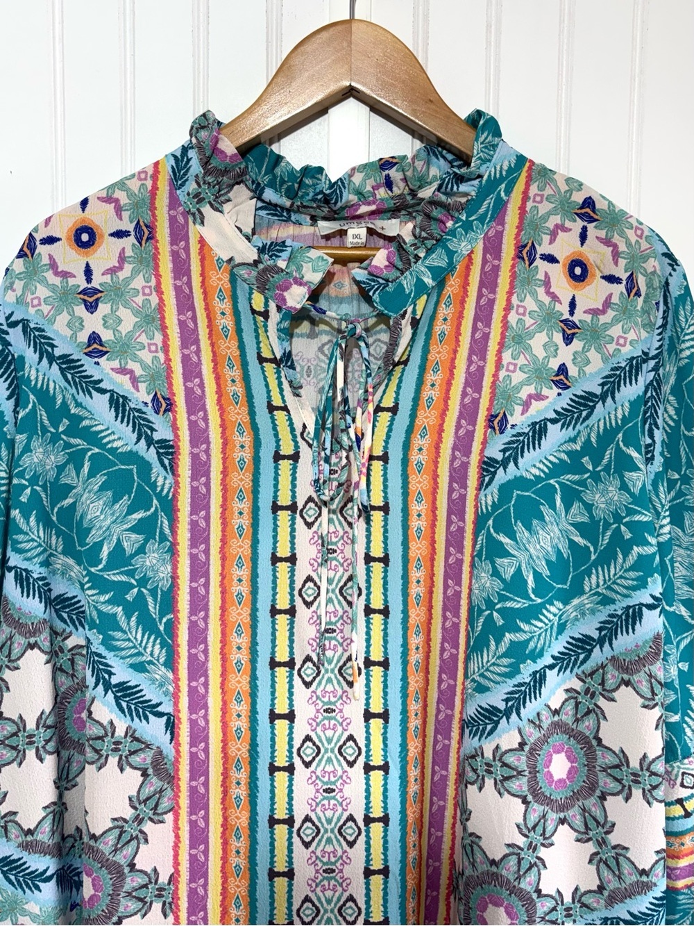 Umgee Boho Mixed Print Ruffle Bell Sleeve Tunic Top Cover Up Size 1XL - Picture 4 of 13